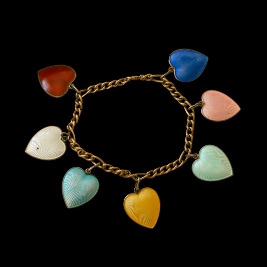 1940s Aksel Holmsen Sterling Silver Enamel Heart Charm Bracelet
