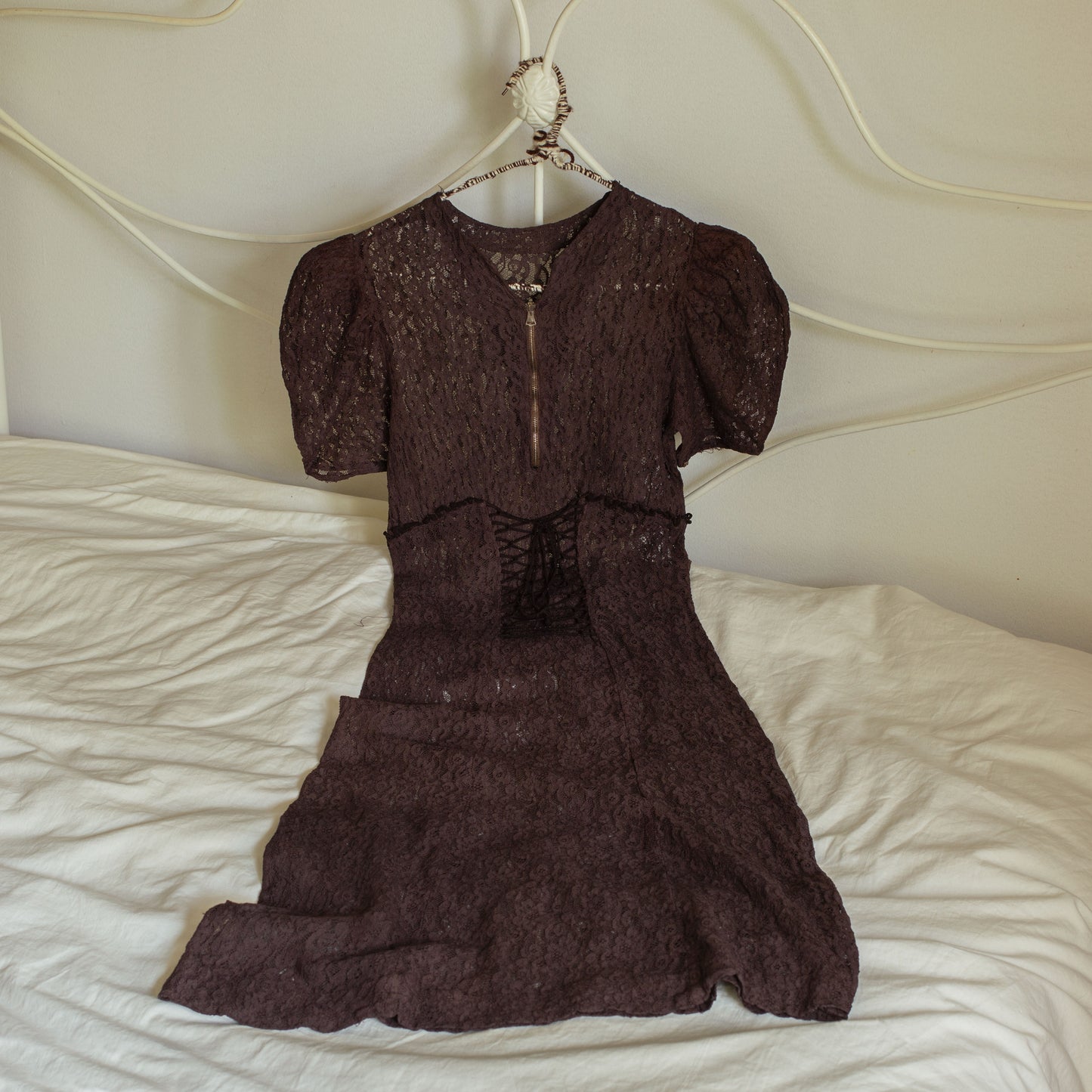 1930s Corset Zipper Brown Lace Dress