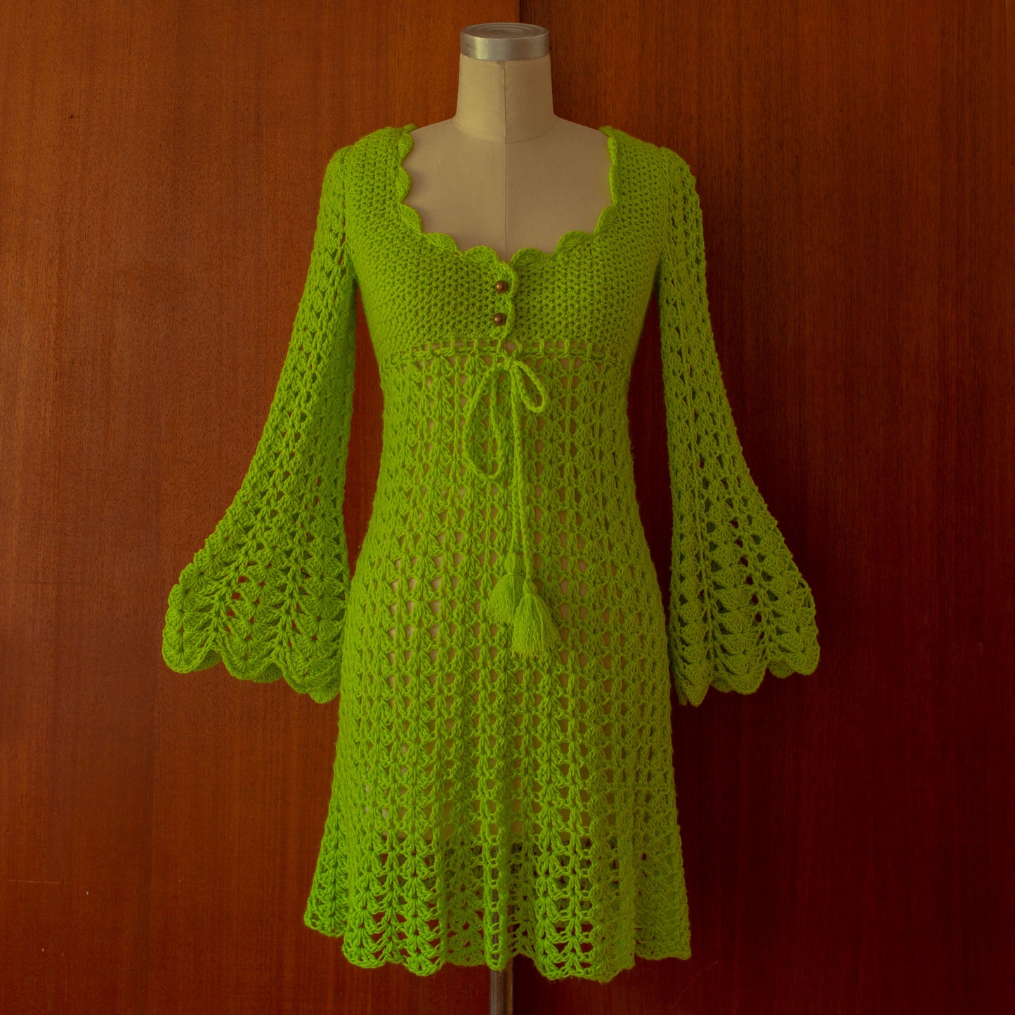 1960s Bell Sleeve Green Crochet Mini Dress