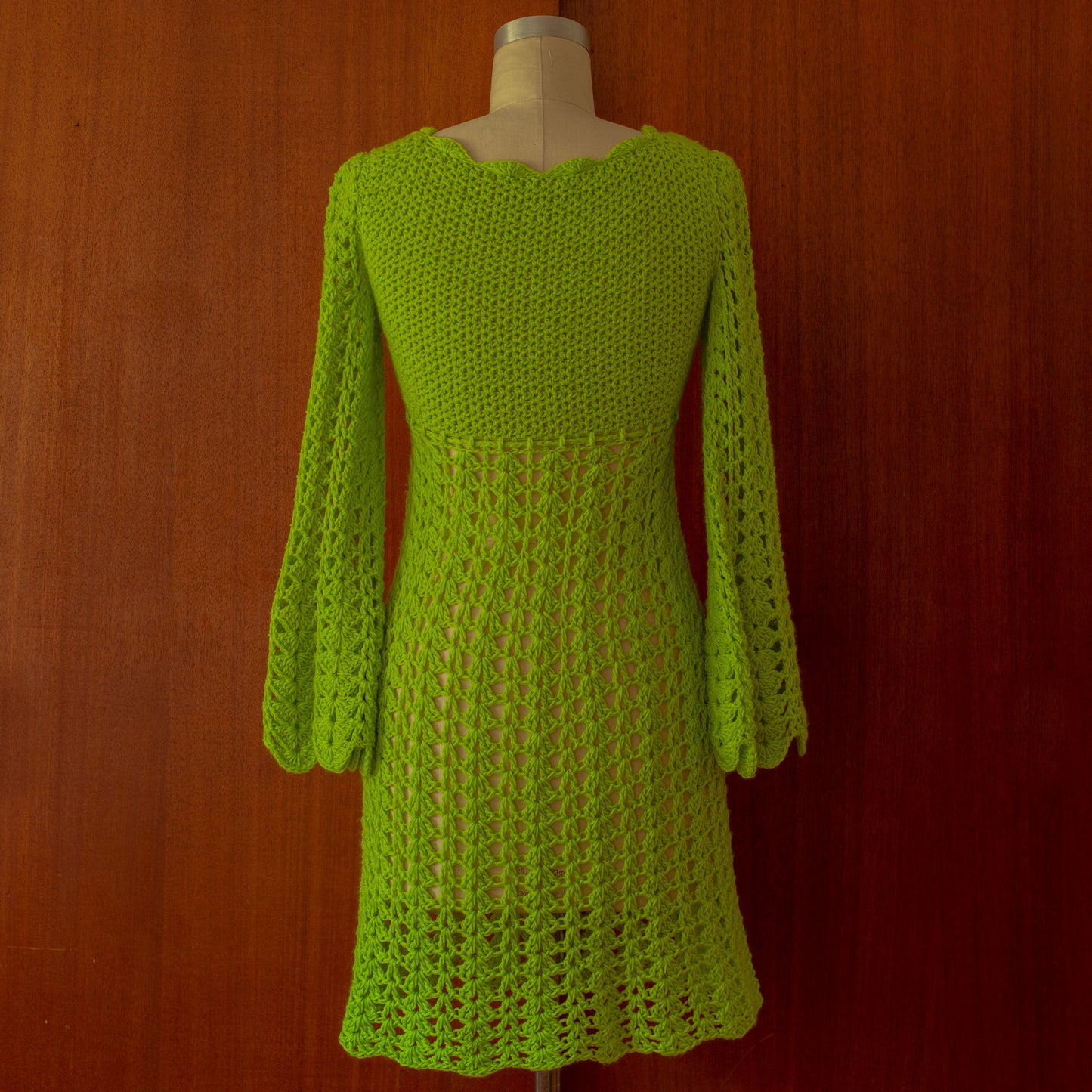 1960s Bell Sleeve Green Crochet Mini Dress