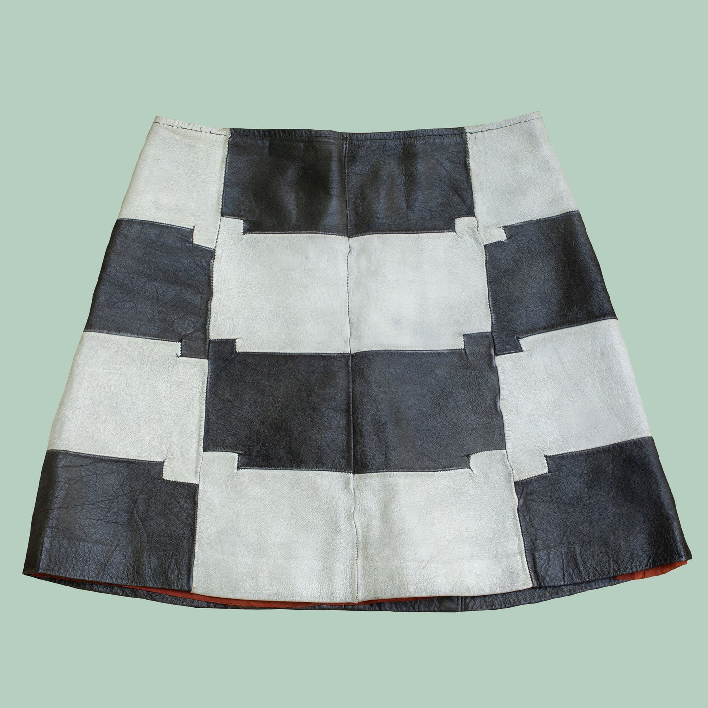 1970s Black + White Checkered Leather Mini Skirt