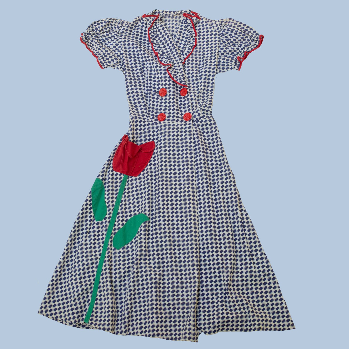 1930s Cotton Floral Pocket Appliqué Wrap Dress