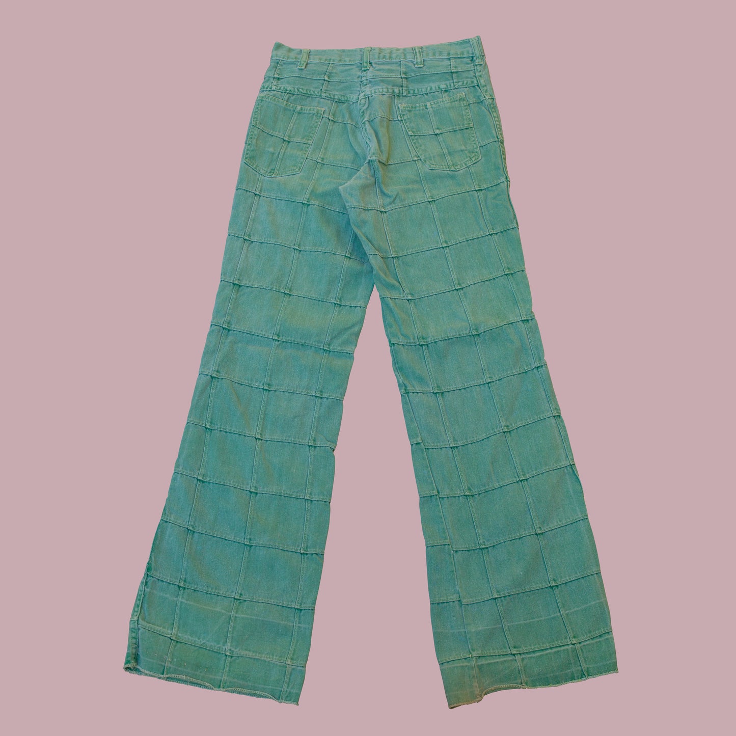 1970s Green Patchwork Windowpane Bell Bottom Jeans 28 29" Waist