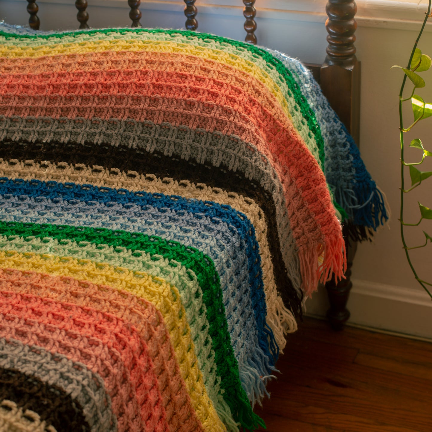 1970s Striped Rainbow Crochet Blanket Full