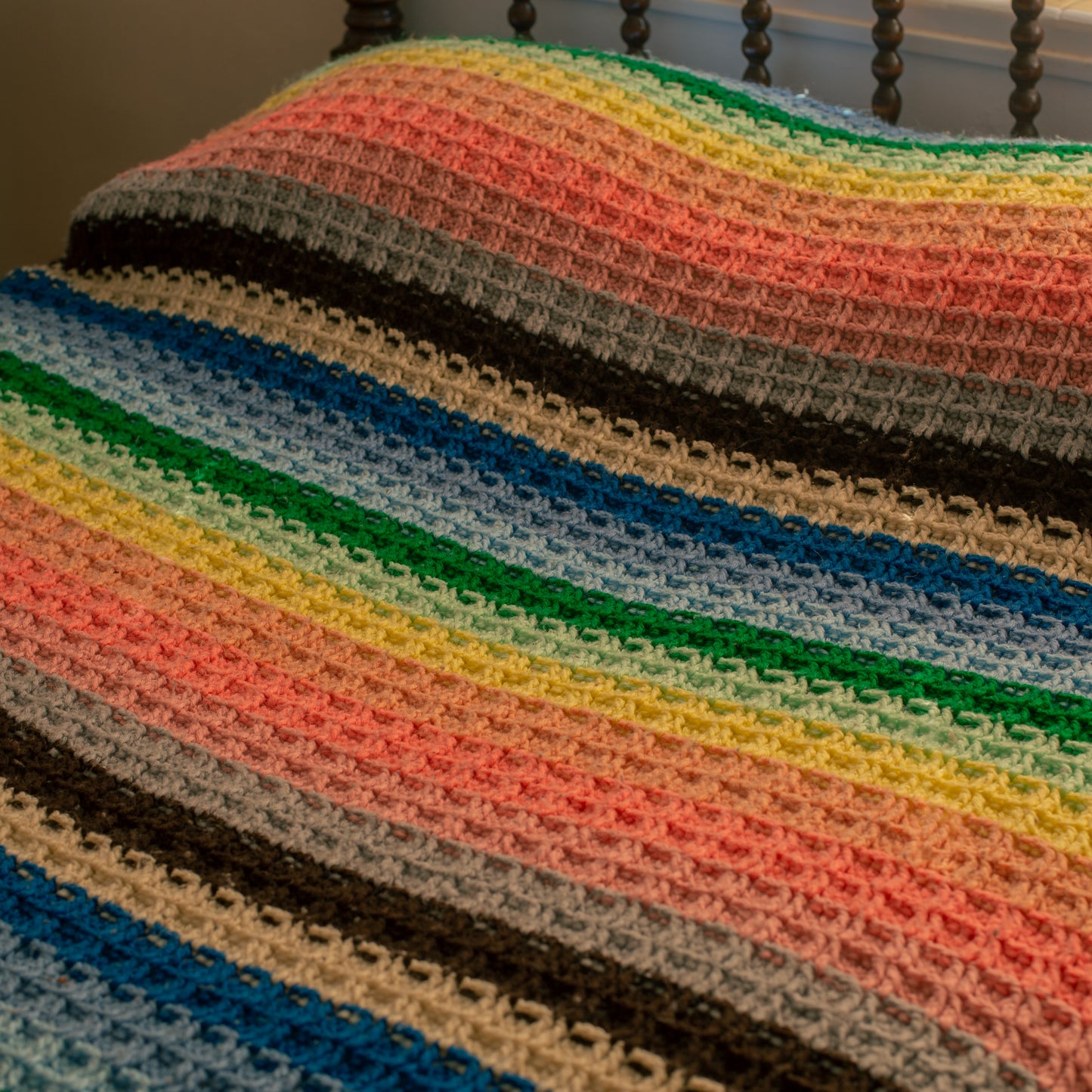 1970s Striped Rainbow Crochet Blanket Full