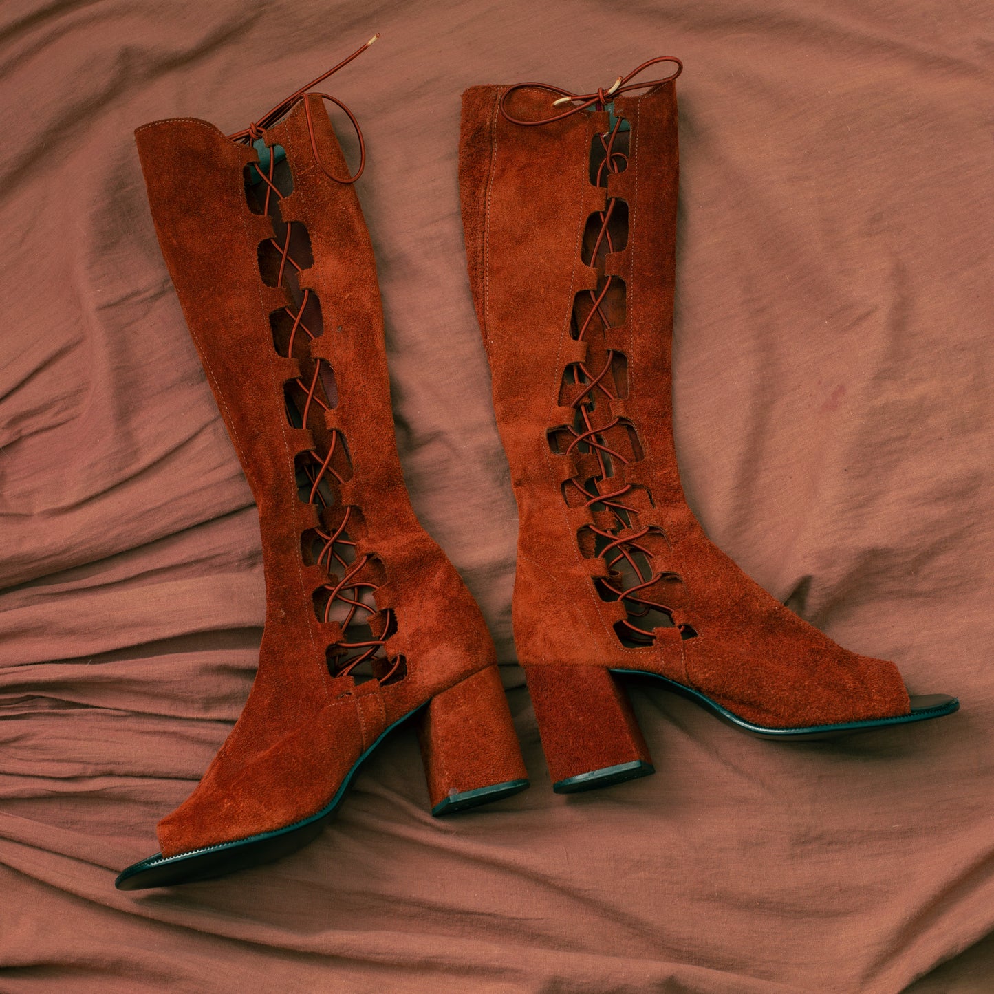 1960s Side Lace Up Knee High Red Suede Boots Sbicca 5.5