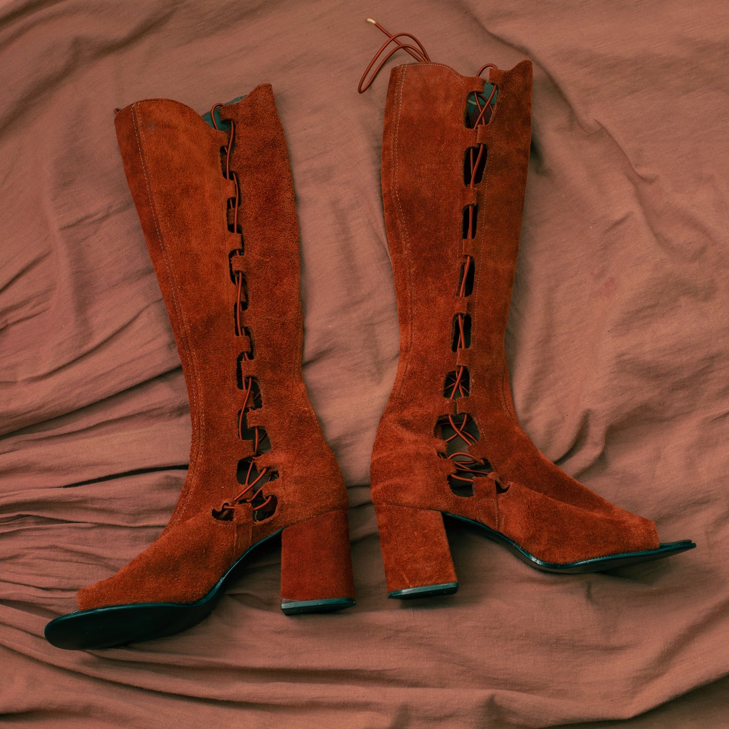 1960s Side Lace Up Knee High Red Suede Boots Sbicca 5.5