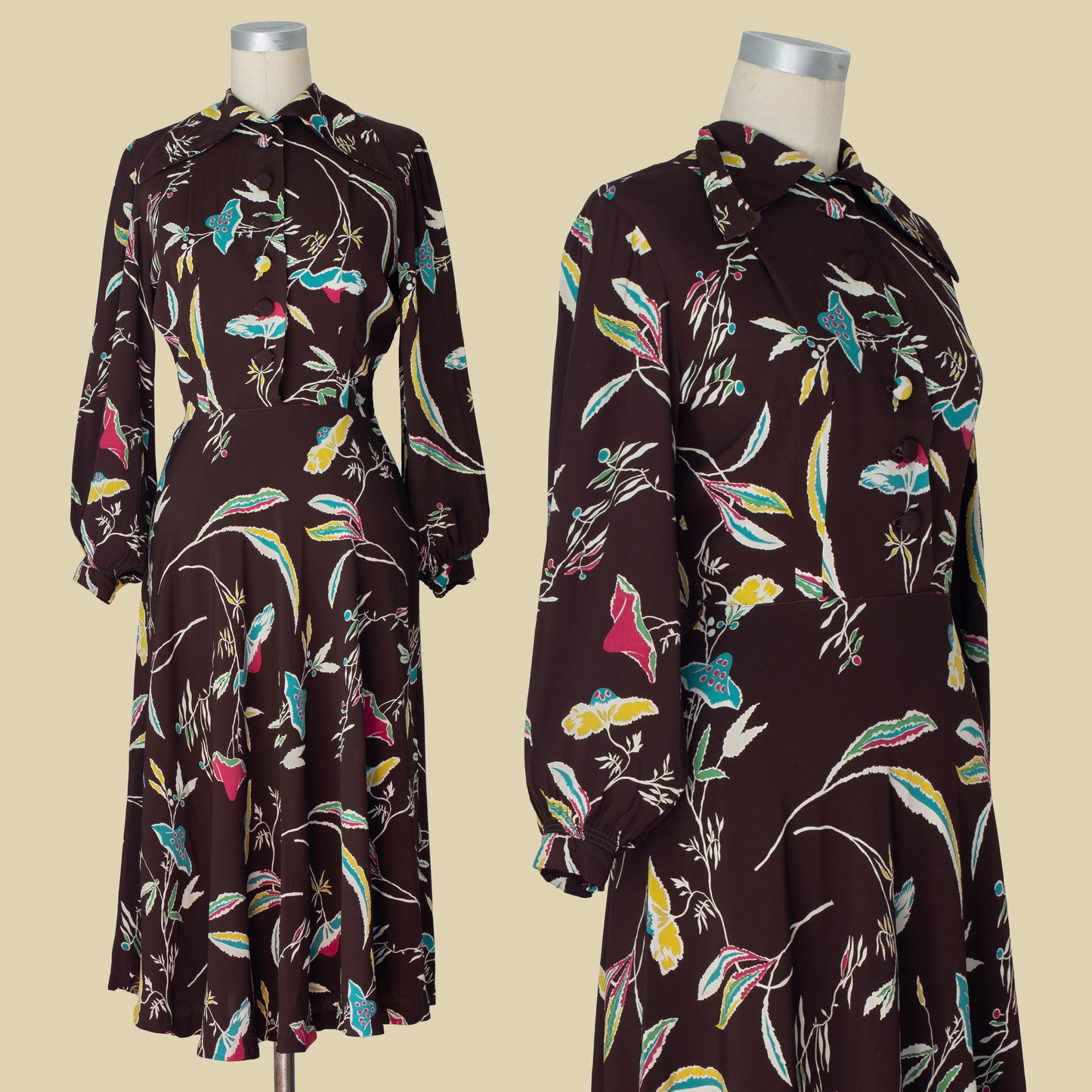 1930s 1940s Brown Crepe Floral Print Dress Carol Crawford