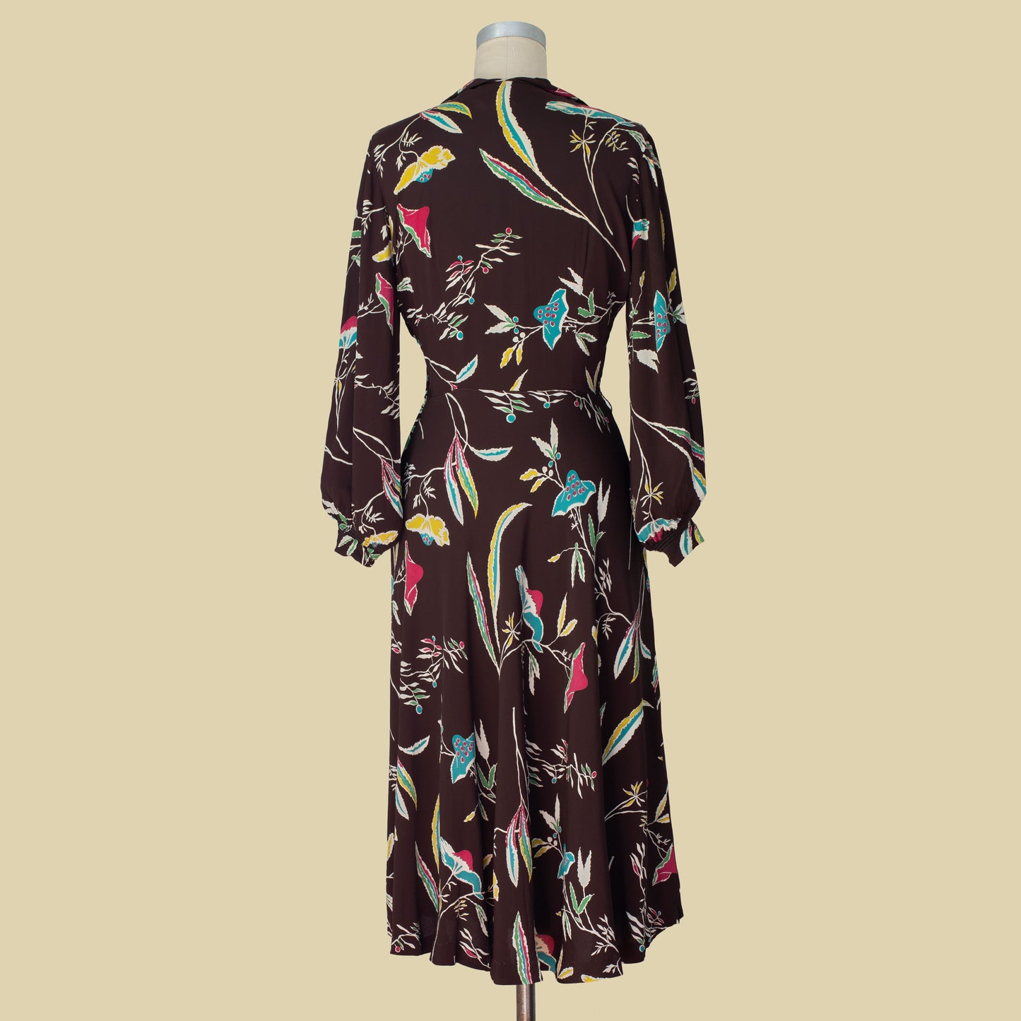 1930s 1940s Brown Crepe Floral Print Dress Carol Crawford