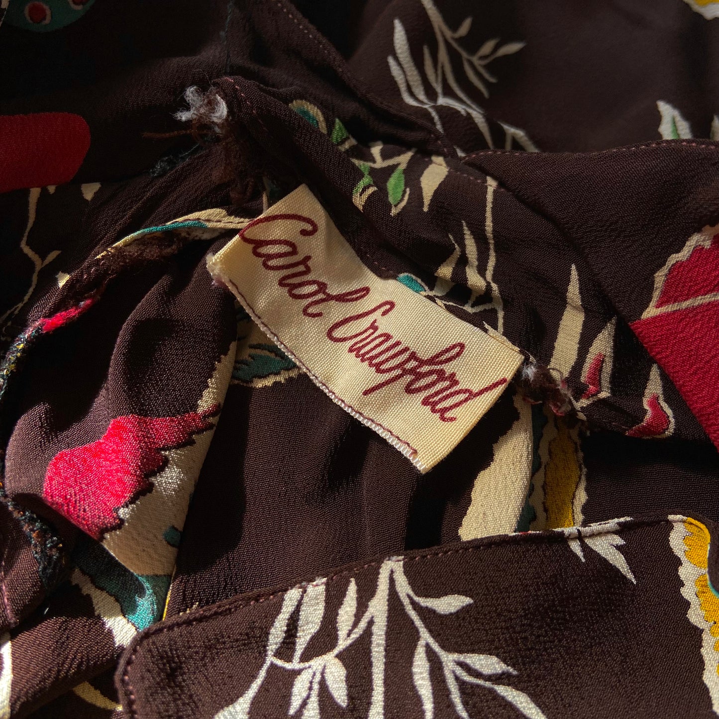 1930s 1940s Brown Crepe Floral Print Dress Carol Crawford