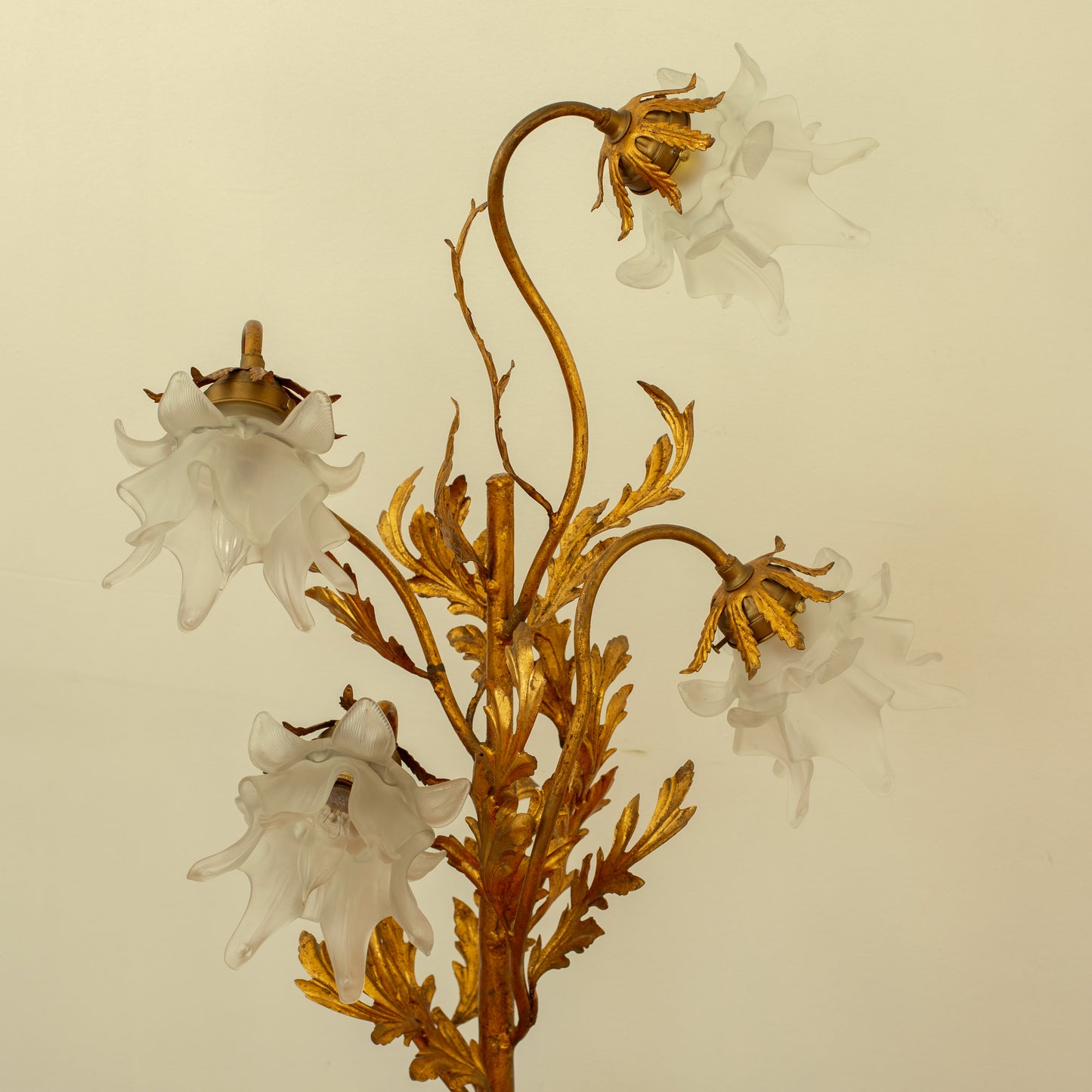 1940s Italian Tole Flower Pot Standing Lamp Guilt + Blown Glass Shades