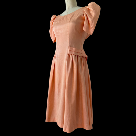 1980s Pink Dress Puff Sleeve Moire