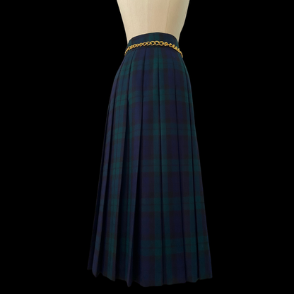 1980s Escada Plaid Wool Kilt Skirt with Gold Hardware
