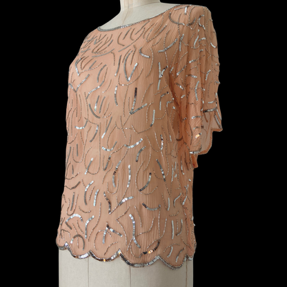 1970s Pink Beaded and Sequined Silk Top