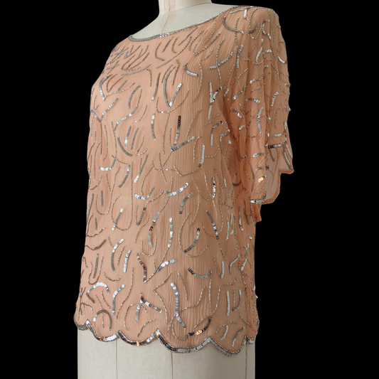 1970s Pink Beaded and Sequined Silk Top