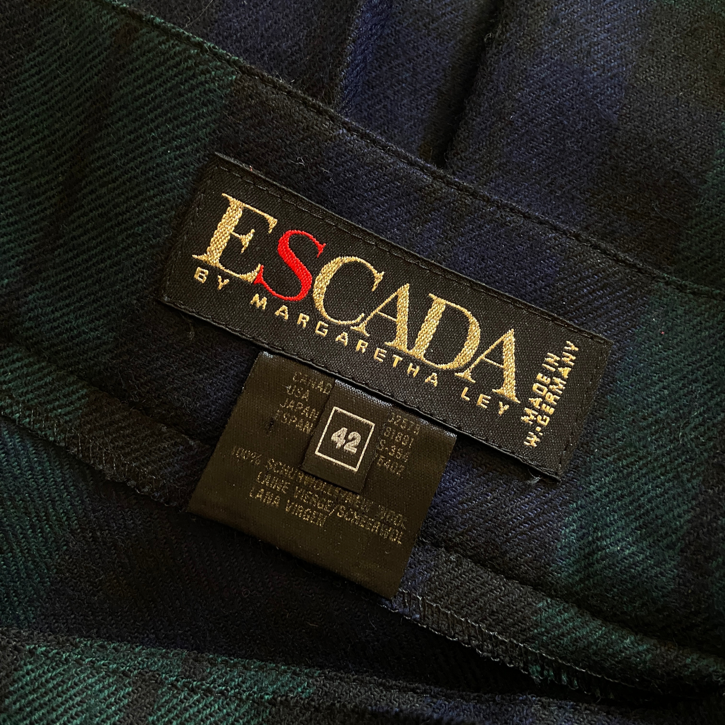 1980s Escada Plaid Wool Kilt Skirt with Gold Hardware