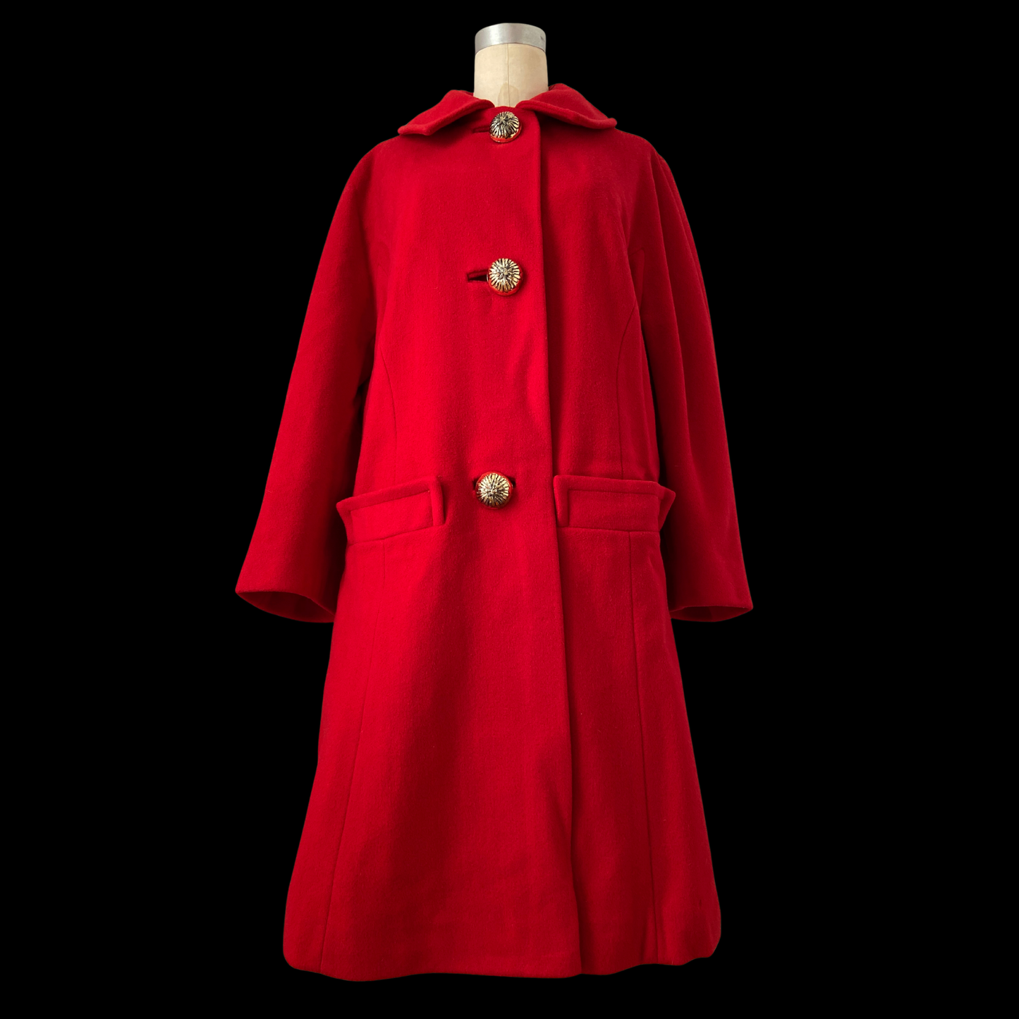 1950s Red Wool Coat with Gold Buttons