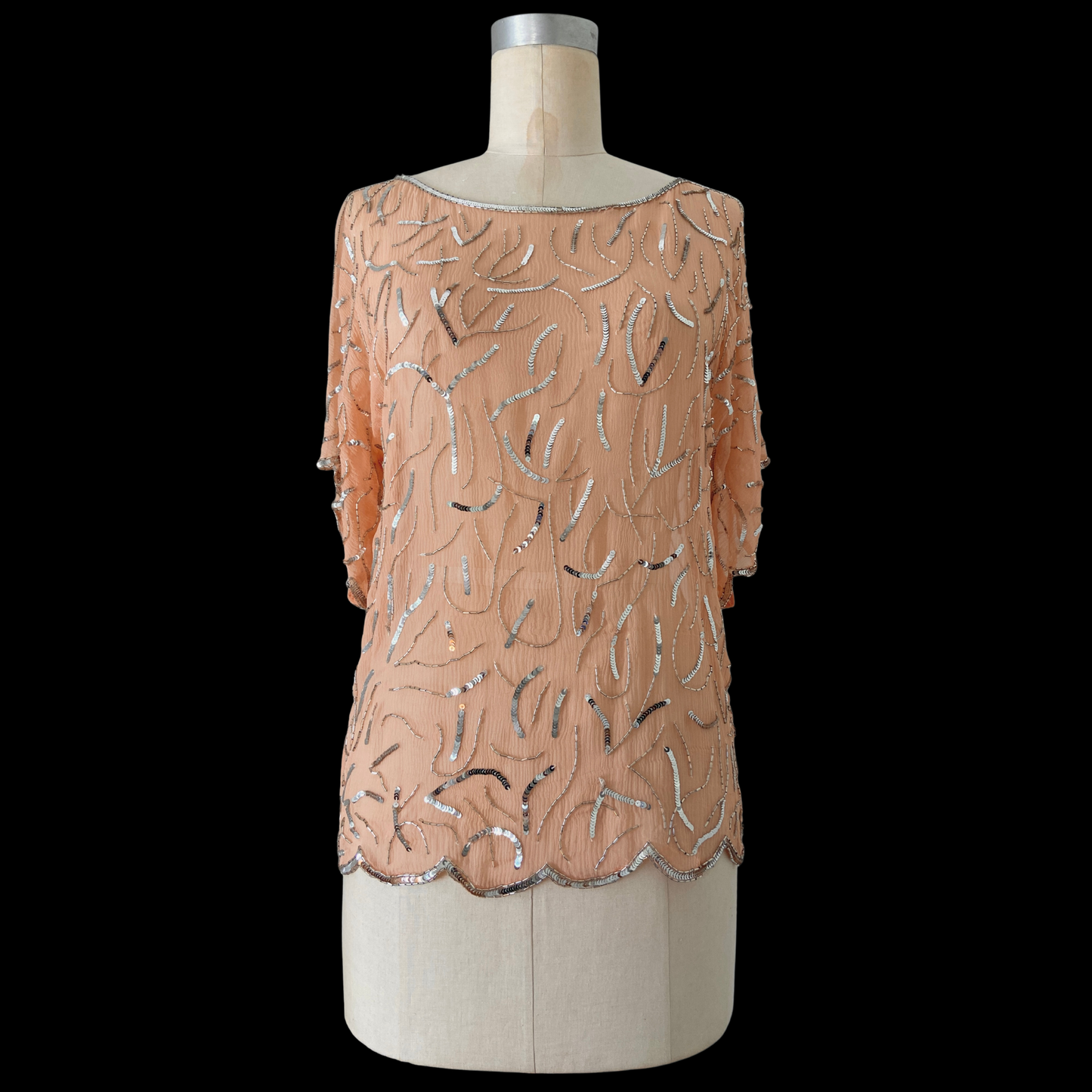 1970s Pink Beaded and Sequined Silk Top