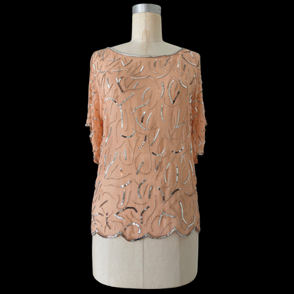 1970s Pink Beaded and Sequined Silk Top