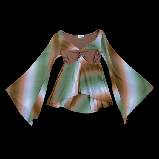 1990s Ombre Brown and Green Bell Sleeve Gauze Top