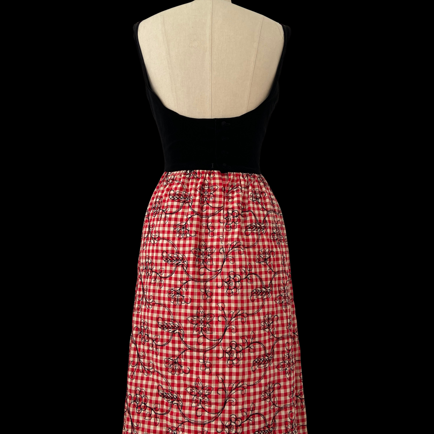 1960s Cocktail Dress with Embroidered Red Gingham and Black Velvet