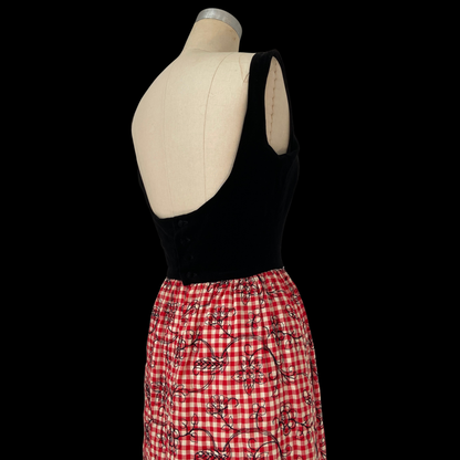 1960s Cocktail Dress with Embroidered Red Gingham and Black Velvet