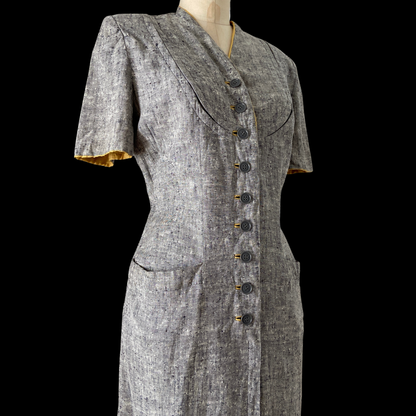 1940s Blue Linen Dress with Cape