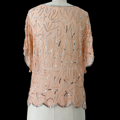 1970s Pink Beaded and Sequined Silk Top