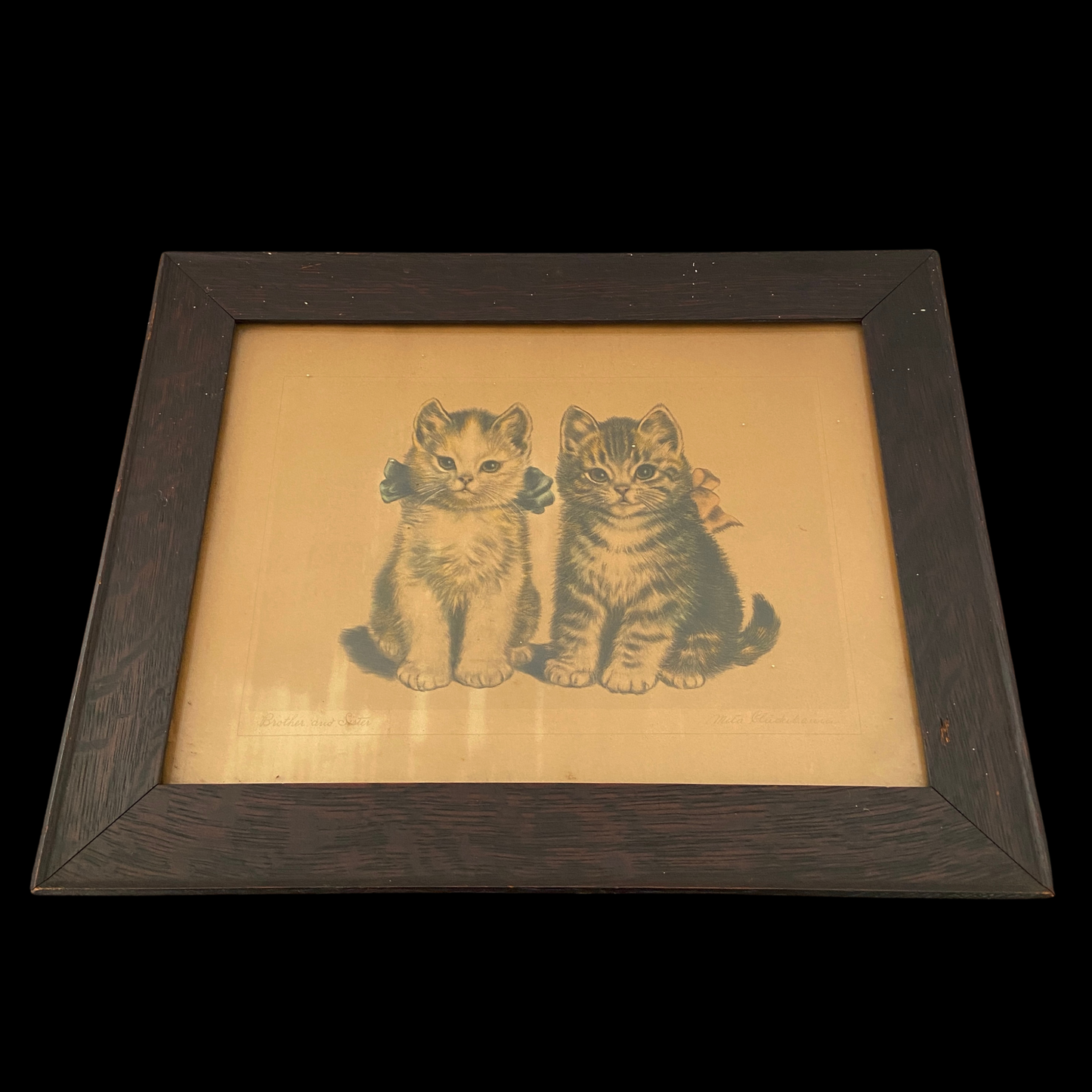 1920s Meta Pluckebaum Cat Lithograph in Original Wood Frame "Brother and Sister"
