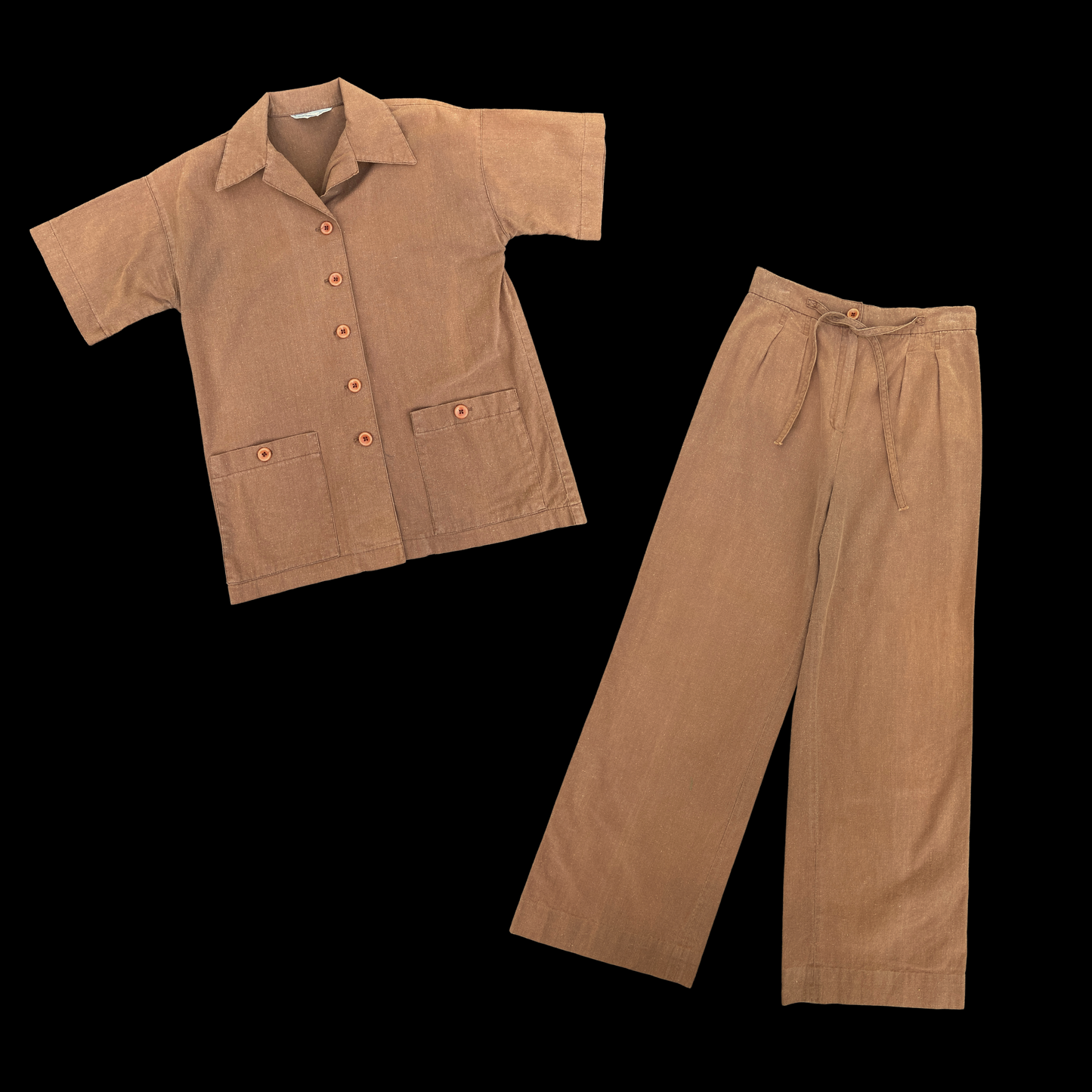 1970s Brown Cotton Top and Pants Set 26 27 in Waist