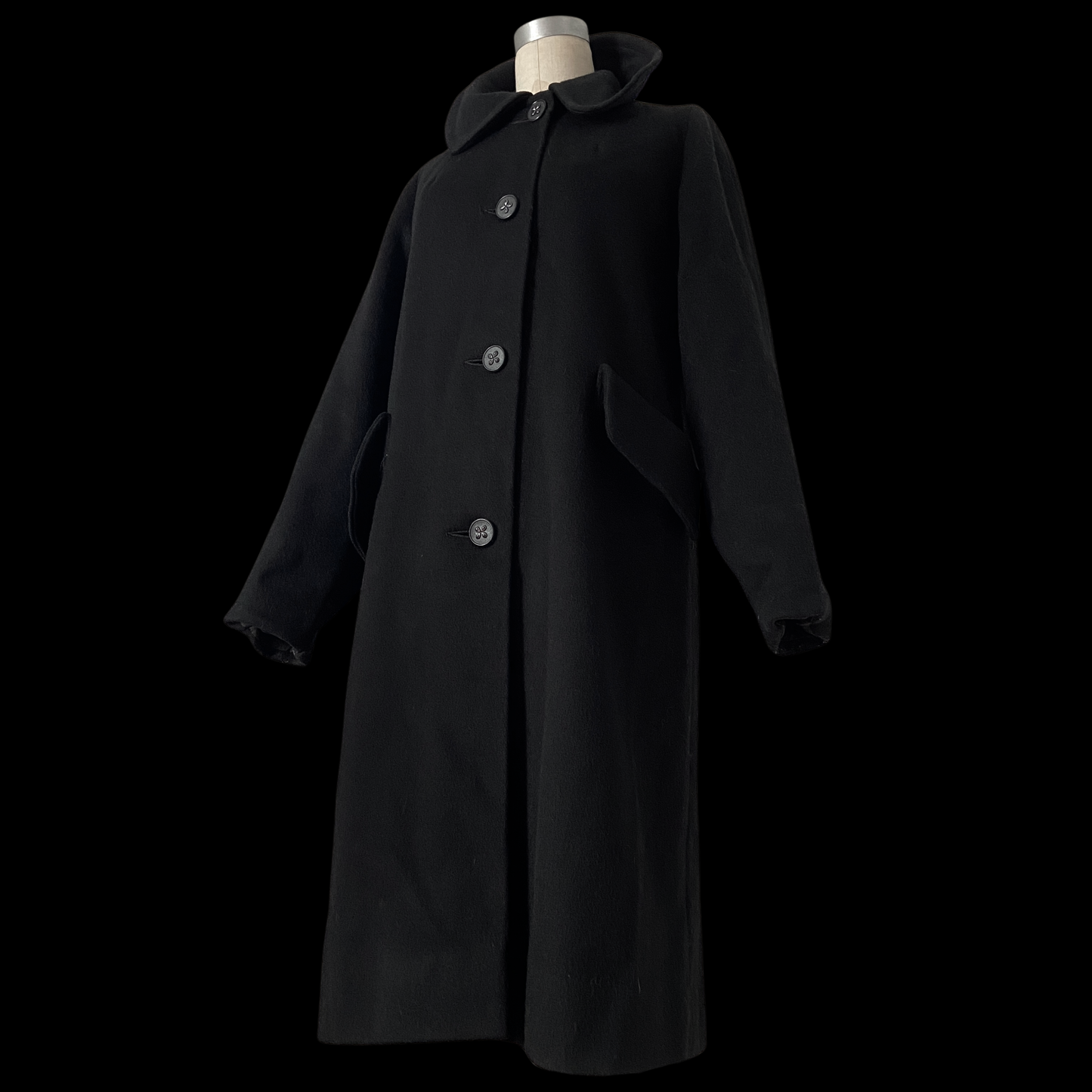 1960s Black Wool Coat Mod Flower Buttons