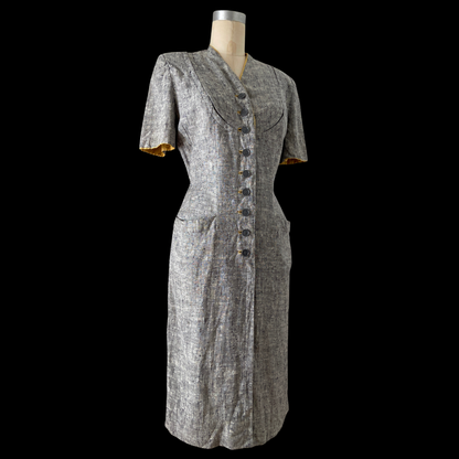 1940s Blue Linen Dress with Cape
