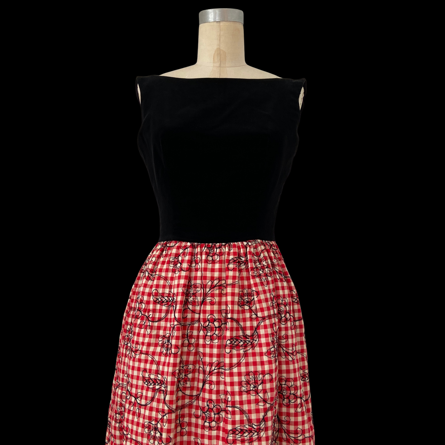 1960s Cocktail Dress with Embroidered Red Gingham and Black Velvet