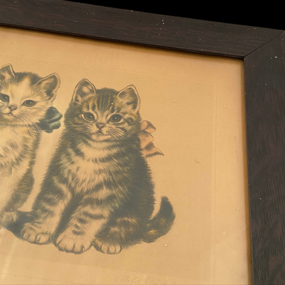 1920s Meta Pluckebaum Cat Lithograph in Original Wood Frame "Brother and Sister"