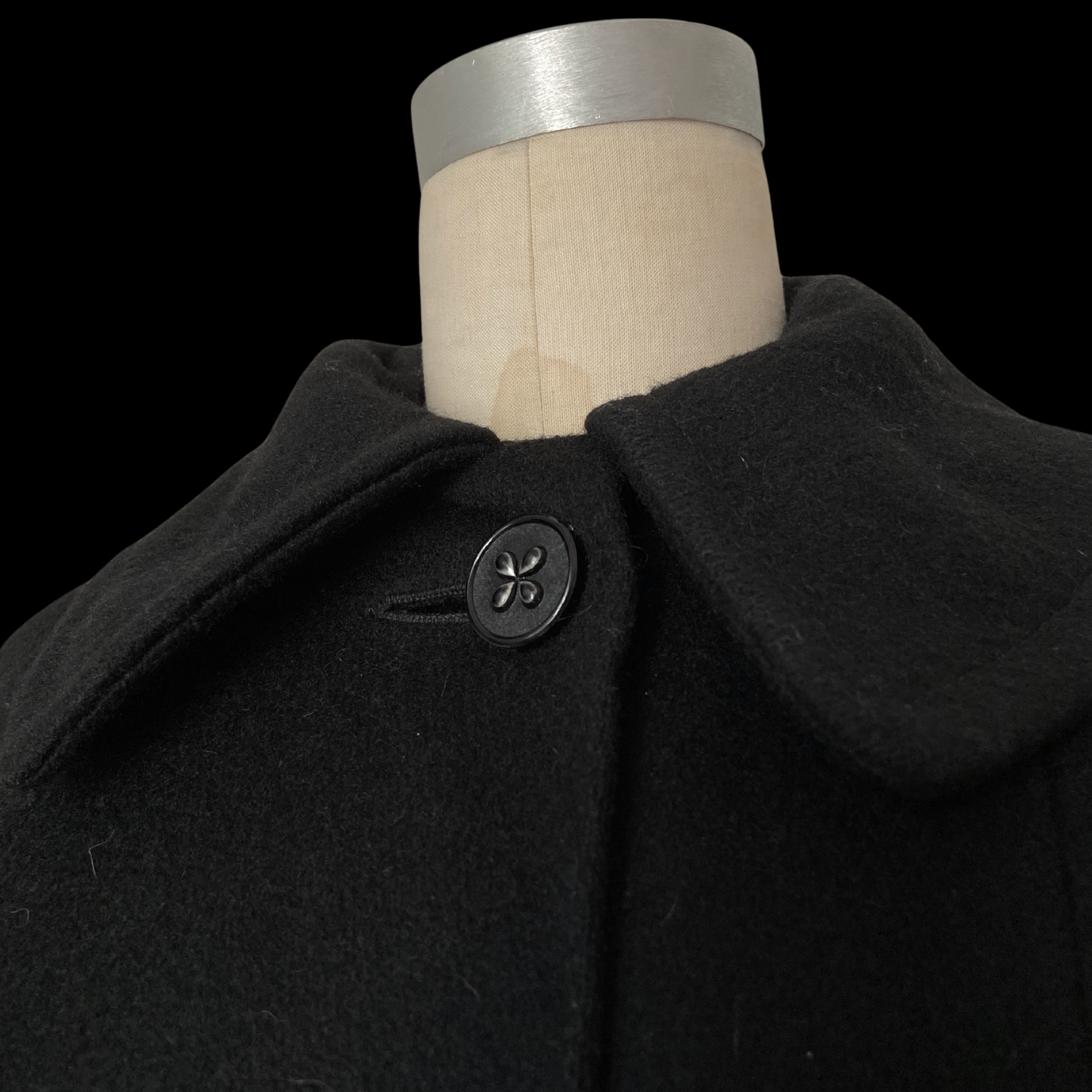 1960s Black Wool Coat Mod Flower Buttons