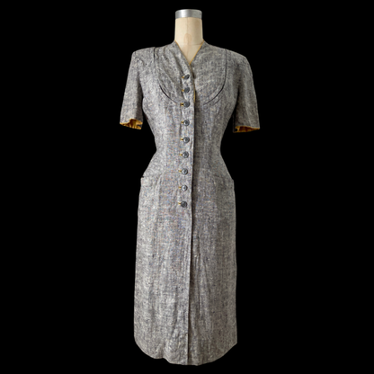 1940s Blue Linen Dress with Cape
