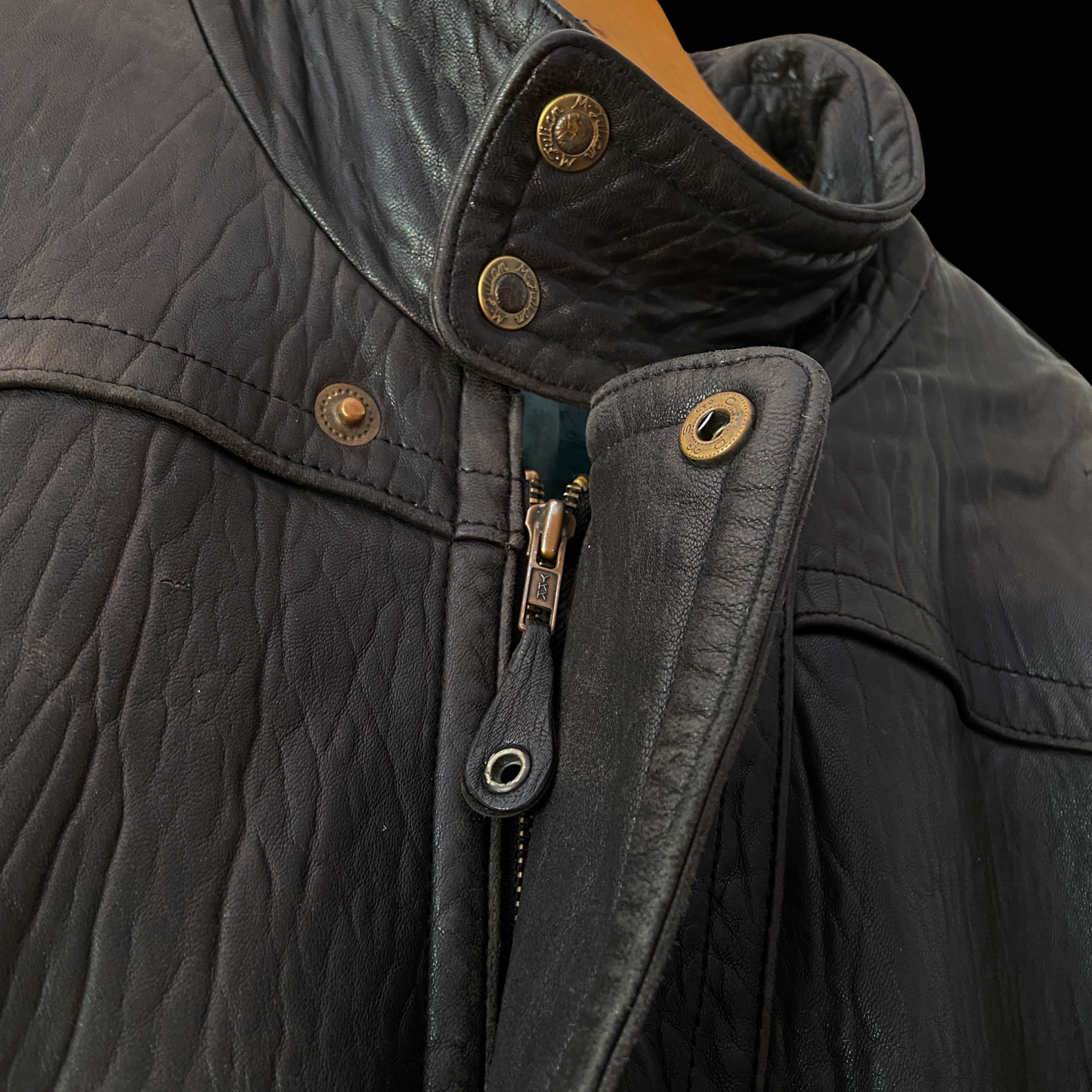1980s Leather Distressed Bomber Jacket Buckle Back M. Julian