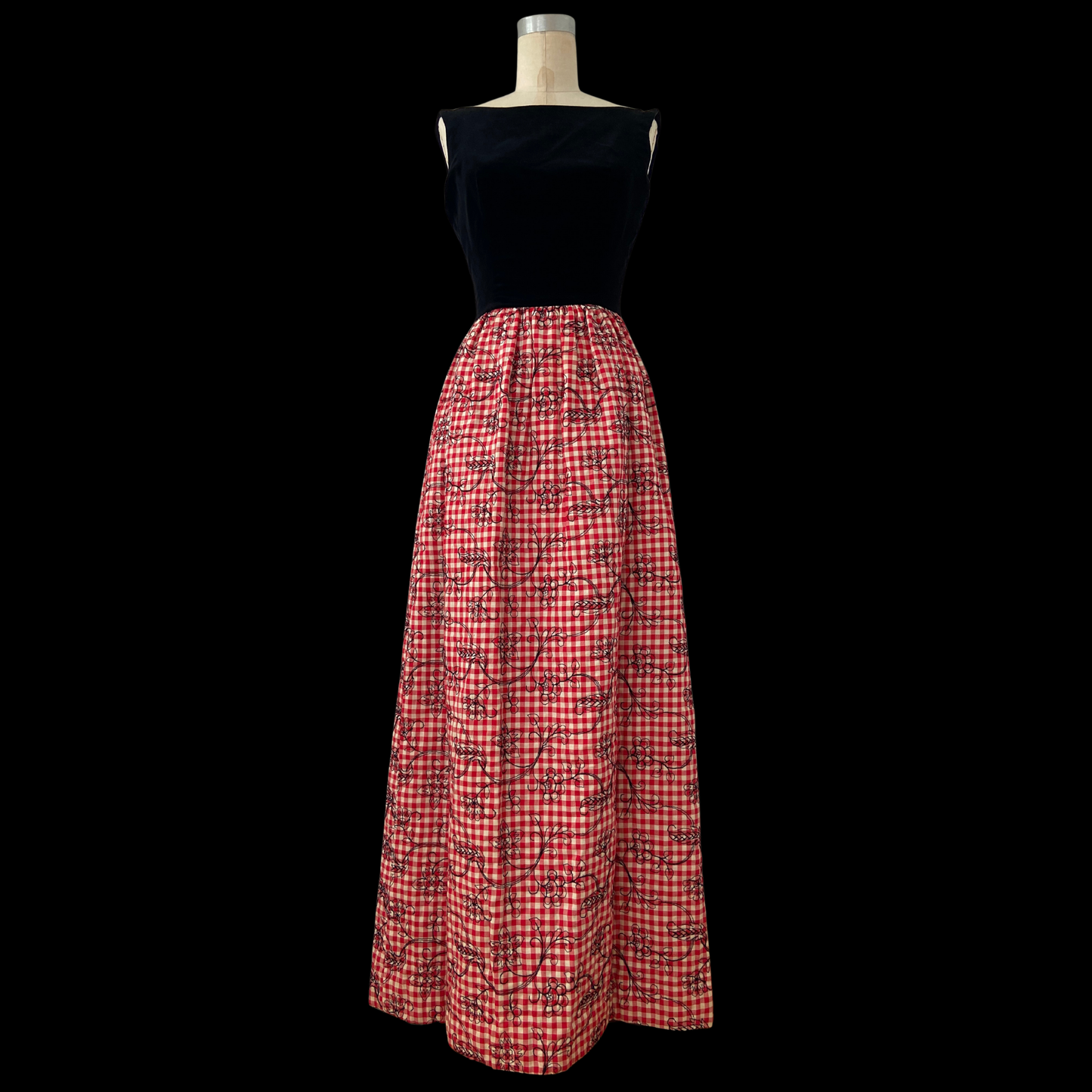 1960s Cocktail Dress with Embroidered Red Gingham and Black Velvet