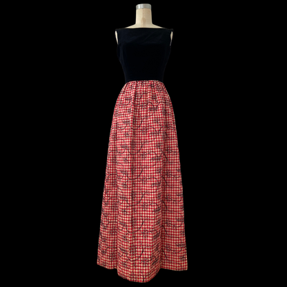 1960s Cocktail Dress with Embroidered Red Gingham and Black Velvet