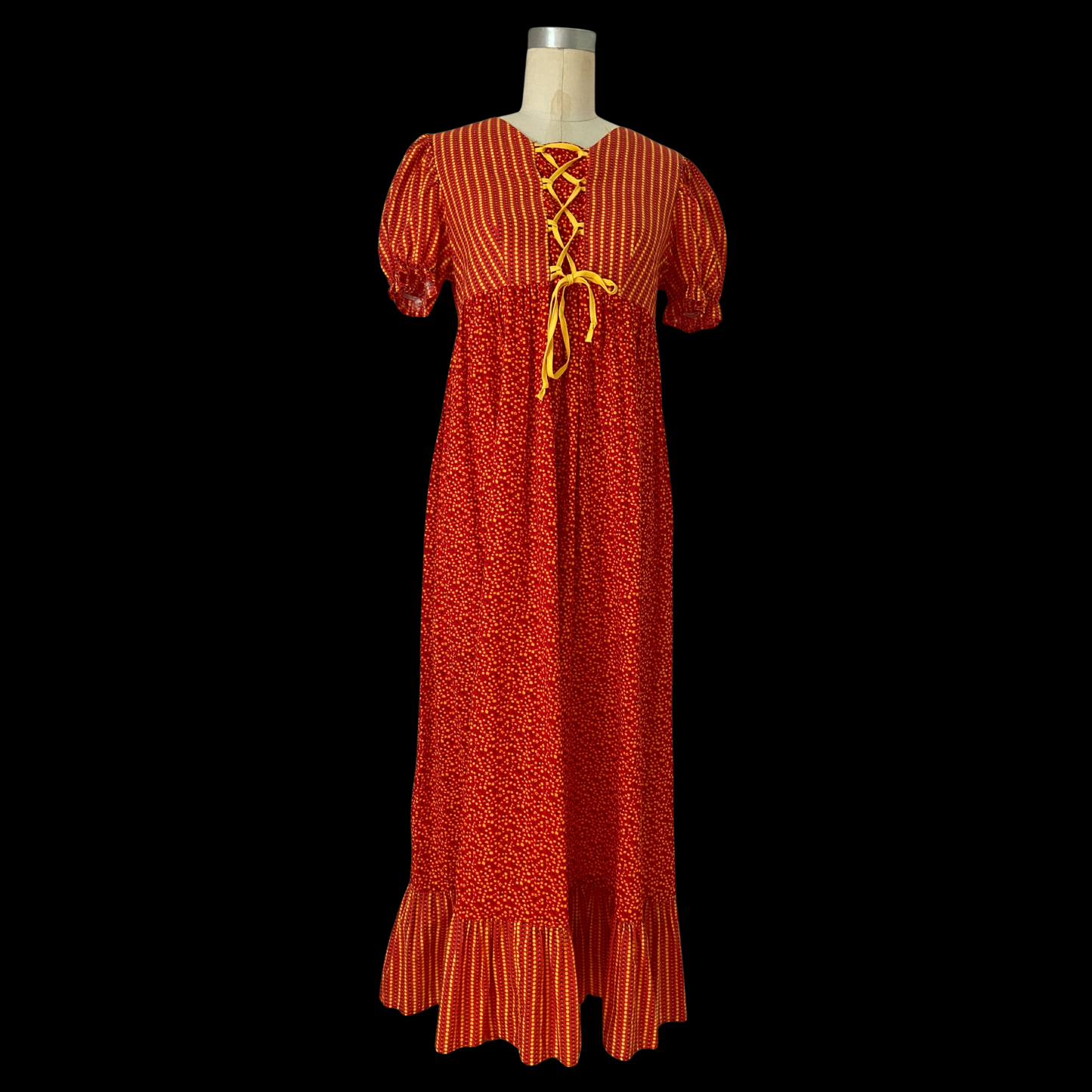 1960s 1970s Prairie Dress Red Floral Cotton Puff Sleeve