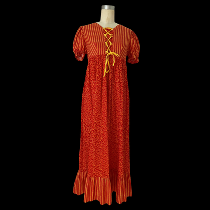 1960s 1970s Prairie Dress Red Floral Cotton Puff Sleeve
