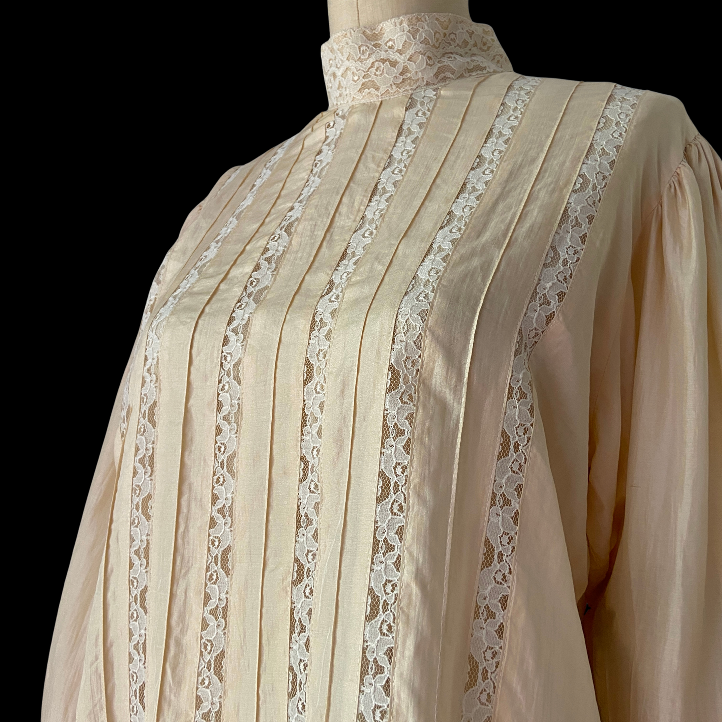 1970s Victorian Silk Blouse Balloon Sleeve Lace