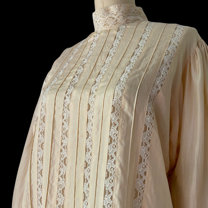 1970s Victorian Silk Blouse Balloon Sleeve Lace