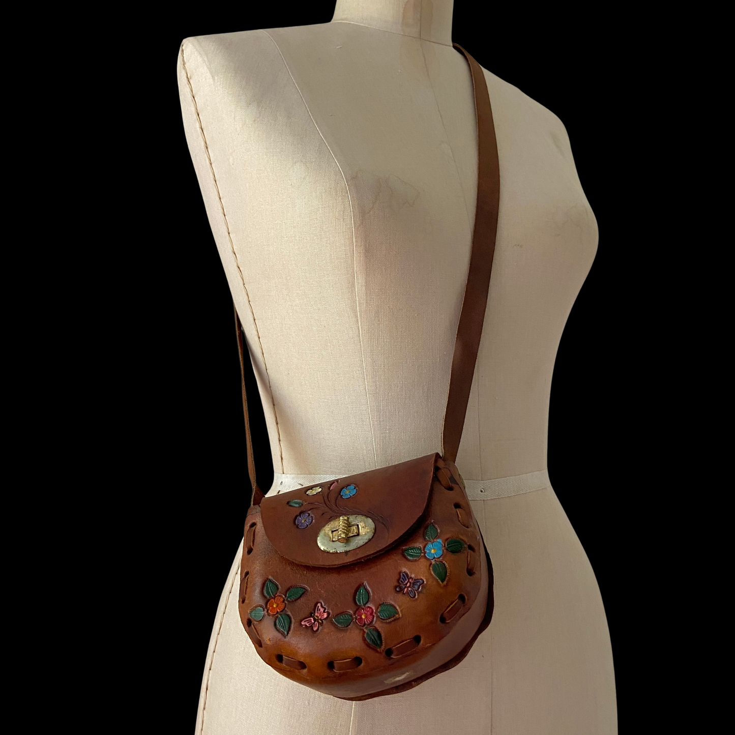 1960s 1970s Painted Leather Purse Tooled