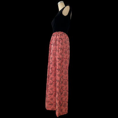 1960s Cocktail Dress with Embroidered Red Gingham and Black Velvet