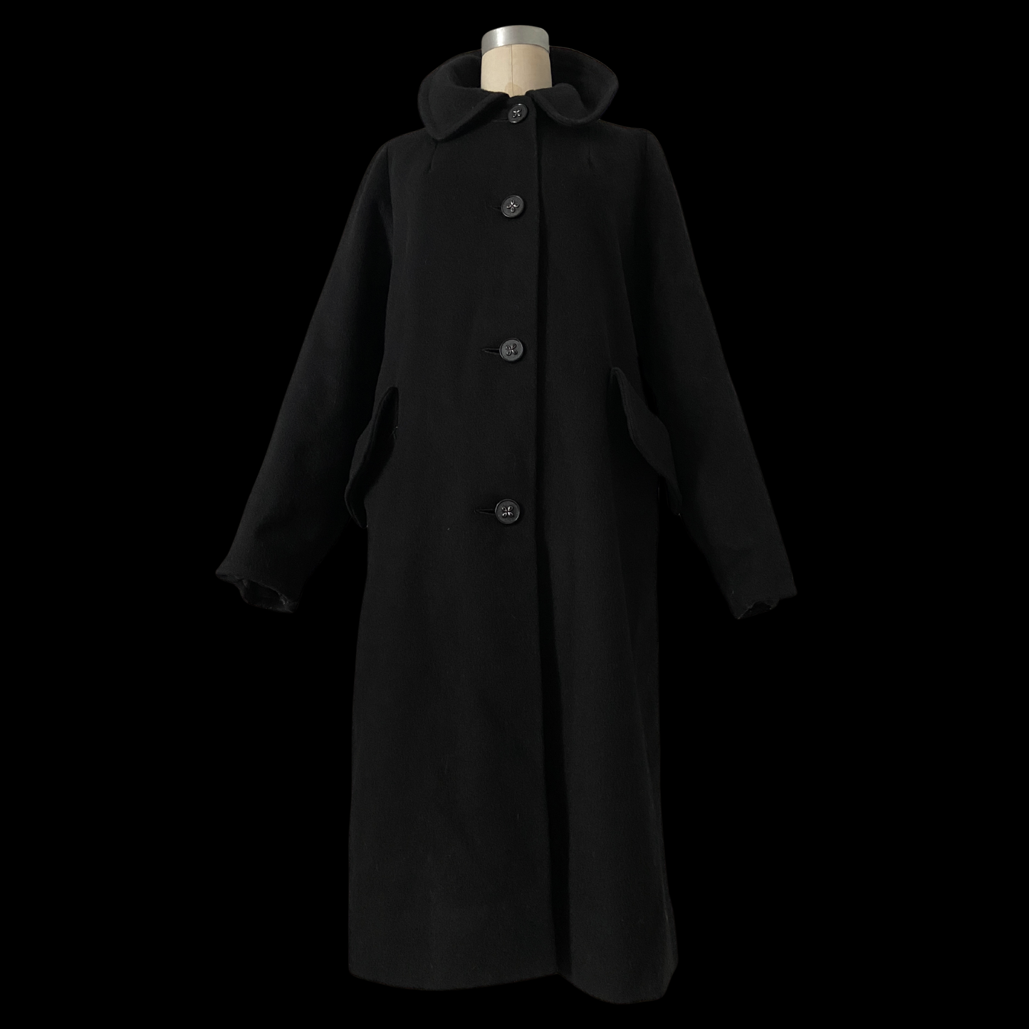 1960s Black Wool Coat Mod Flower Buttons