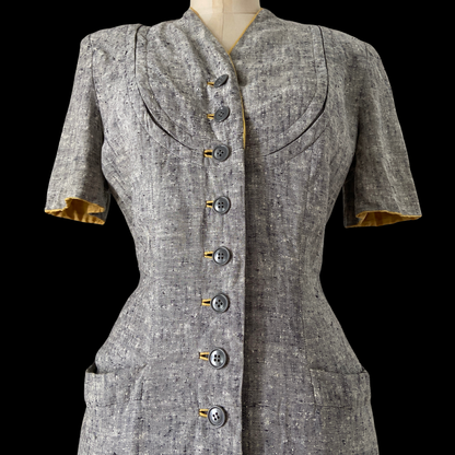 1940s Blue Linen Dress with Cape
