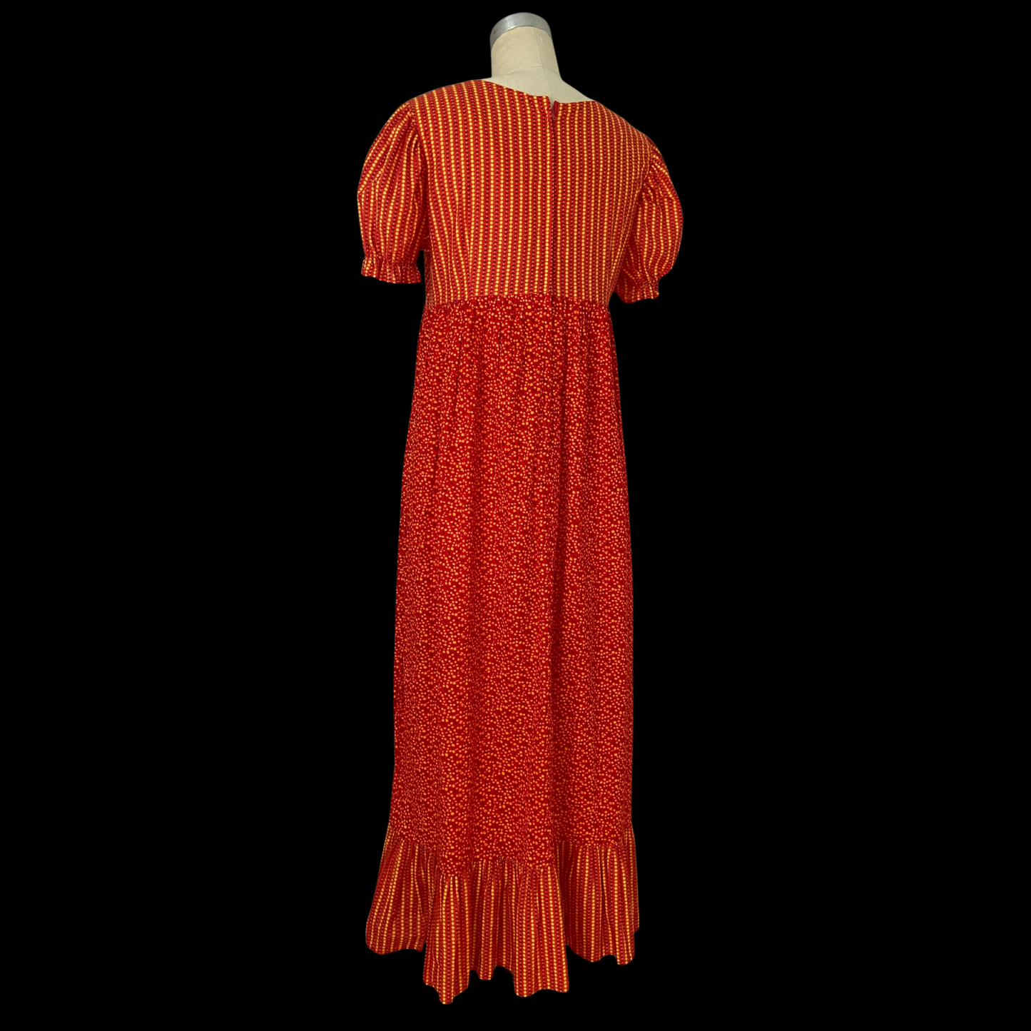 1960s 1970s Prairie Dress Red Floral Cotton Puff Sleeve