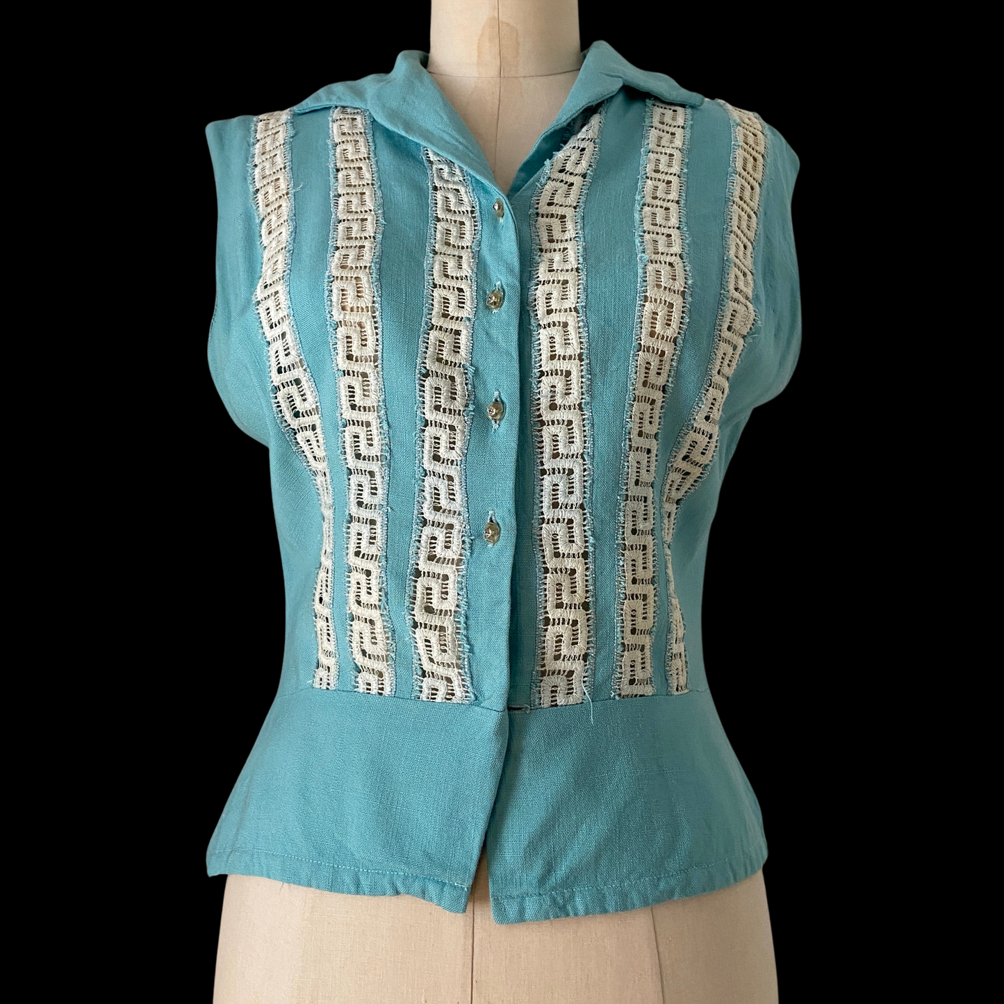 1950s Blue Top with Crochet Panels