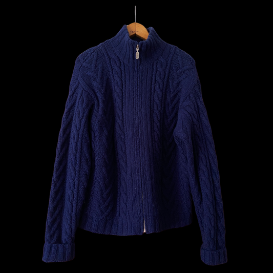 1990s J. Crew Blue Cable Knit Wool Cardigan
